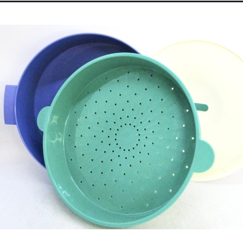 Tupperware 3 Tier Microwave Steamer Colander Set White Teal White 3-Piece Bowl - Picture 3 of 4
